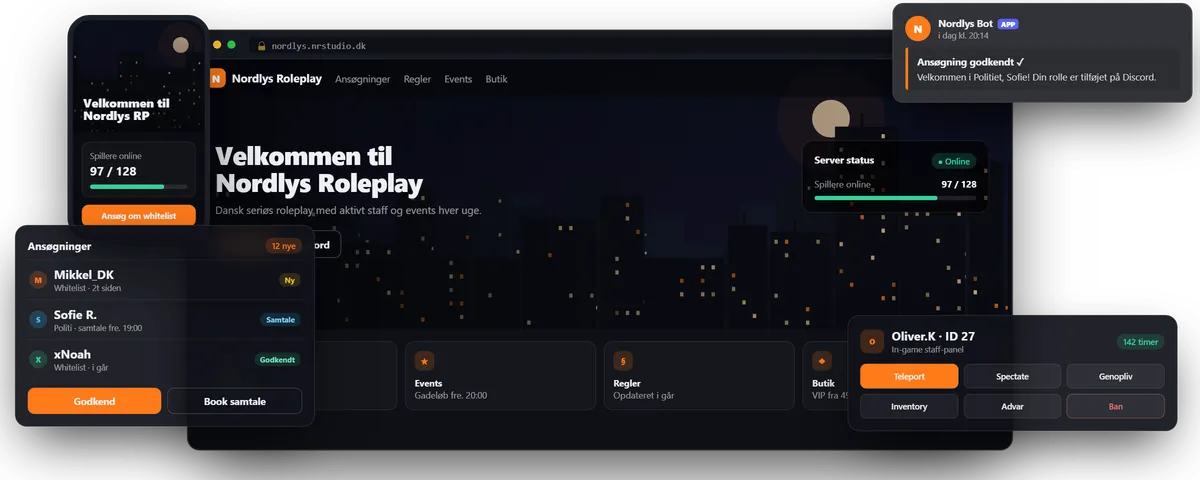 En kundeside, staff-panelet, Discord-botten og in-game panelet fra Next Resource Studio